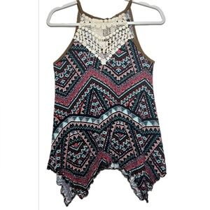 Rue 21 Tribal Print Tank, adult S, Crochet Lace Yoke, Boho‎ Style Aztec Print